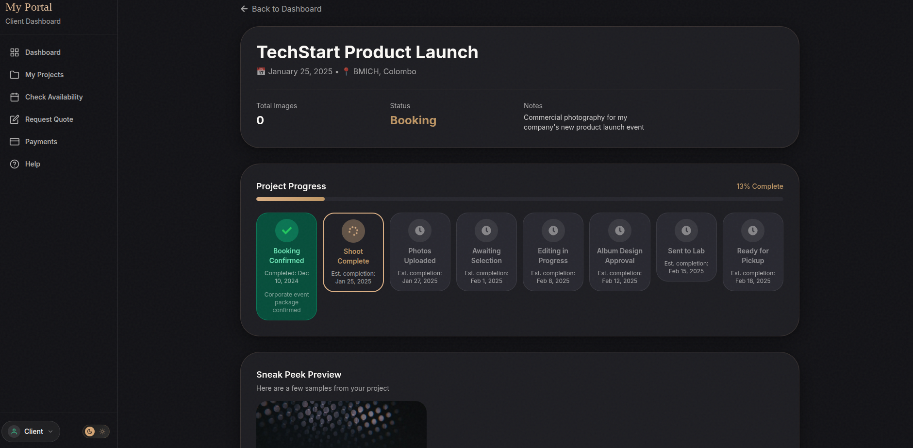 StudioFlow client progress tracker showing 8-stage wedding photography workflow
